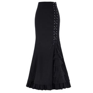 Chic Star Black Gothic Steampunk Corset Lace-Up Ruffle Mermaid Maxi Skirt M